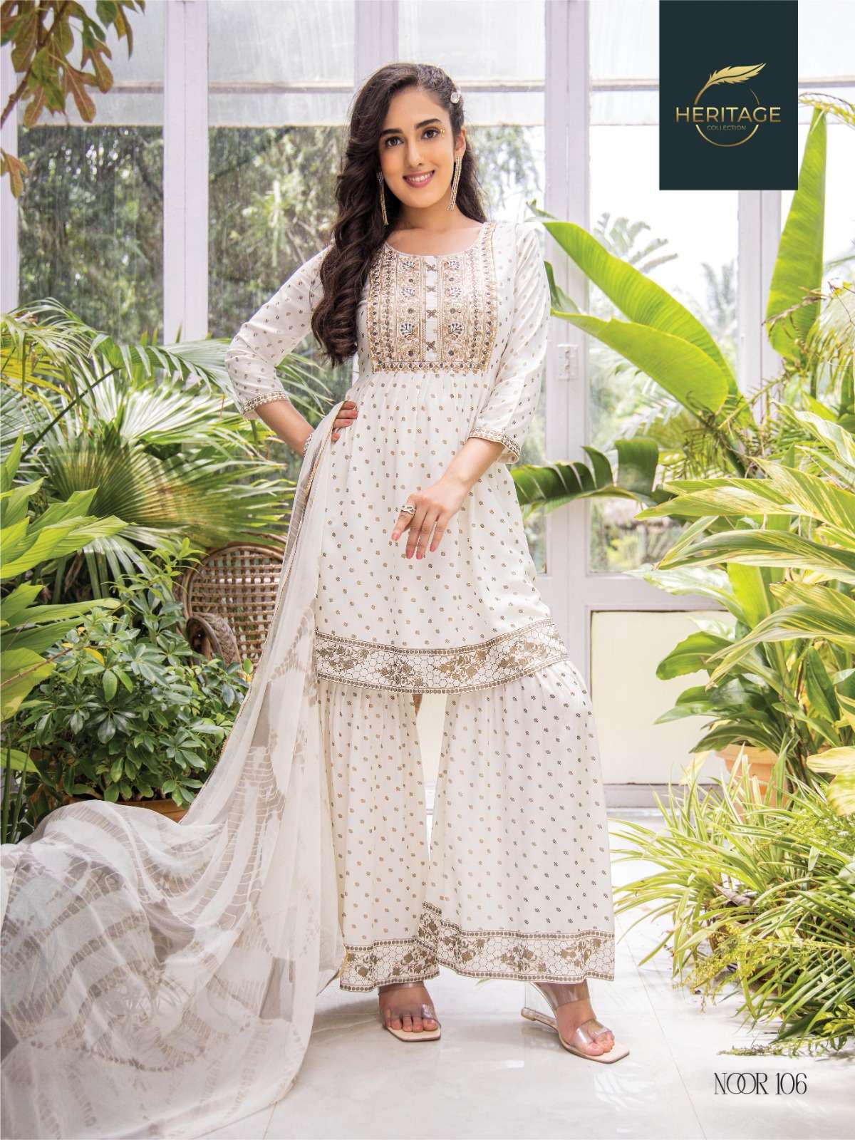 NOOR RAYON SLUB PRINTED SEQUENCE EMBROIDERY WORK SHARARA AND DYED CHIFFON DUPATTA BY HARITAGE BRAND 106